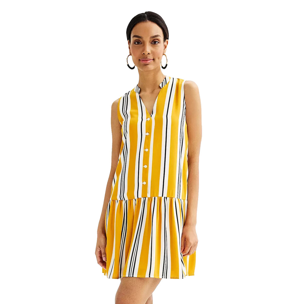 Nine West Gold Awning Stripe Yellow Black Button Front Ruffle Hem Mini Dress L